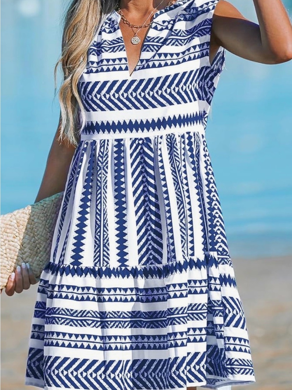 Cupshe Blue and White Tribal Print Sleeveless Summer Dress